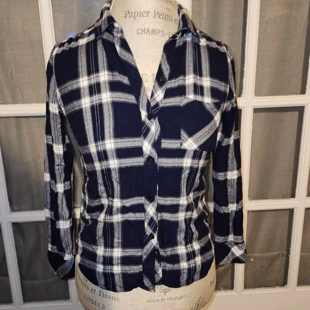 Rails Womens Navy Blue White Plaid Long Sleeve‎ Button Front Shirt XS